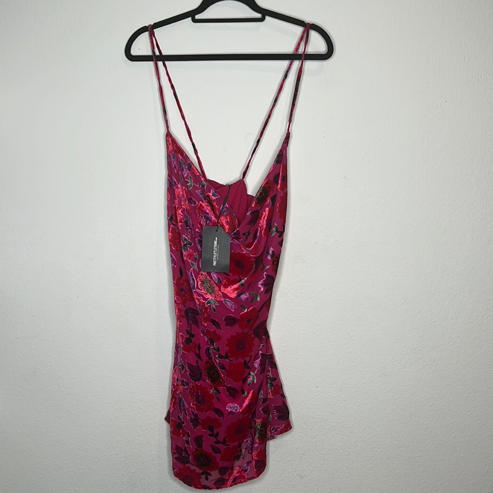 Pink Floral Strappy Flocked Detail Shift Dress